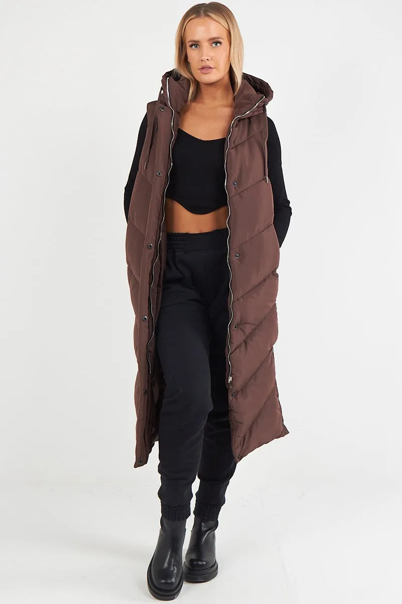 LADIES LONG PADDED HOODED VEST JACKET-CHOCOLATE