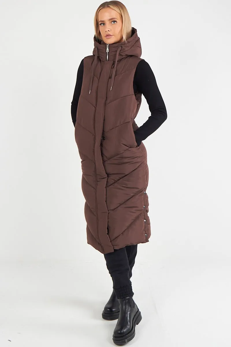 LADIES LONG PADDED HOODED VEST JACKET-CHOCOLATE