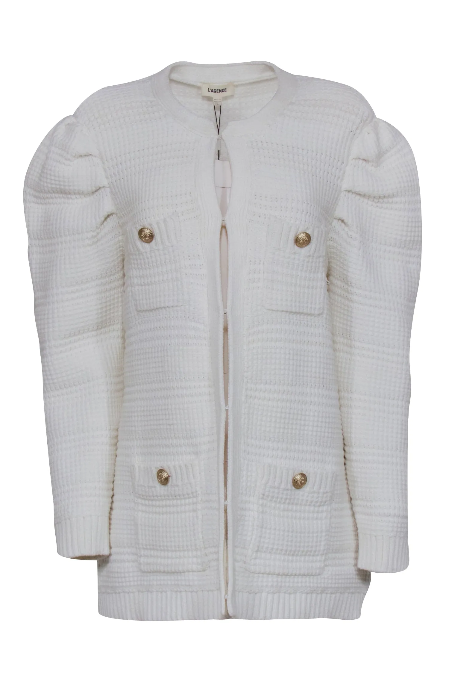 L'Agence - White Chunky Knit Puff Sleeve Cardigan Sz XXL