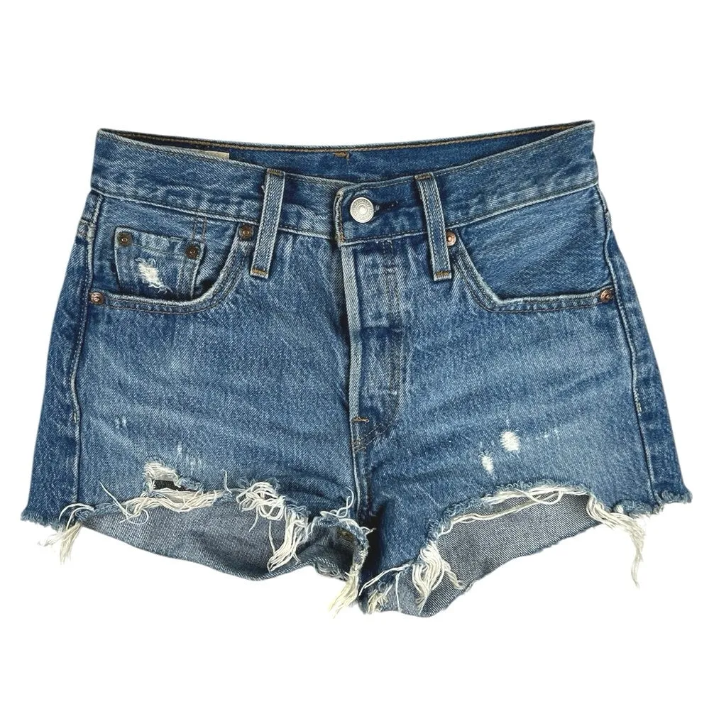 Levi's 501 Blue Distressed Frayed Raw Hem Mid Rise Stretch Denim Jeans Shorts 23