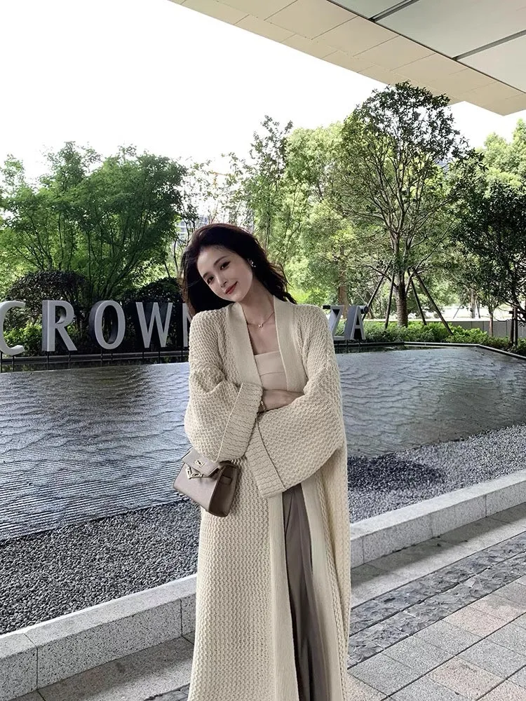 Lin Yan'er knitted cardigan windbreaker for women early autumn 2023 new loose lazy style mid-length sweater jacket (C183)