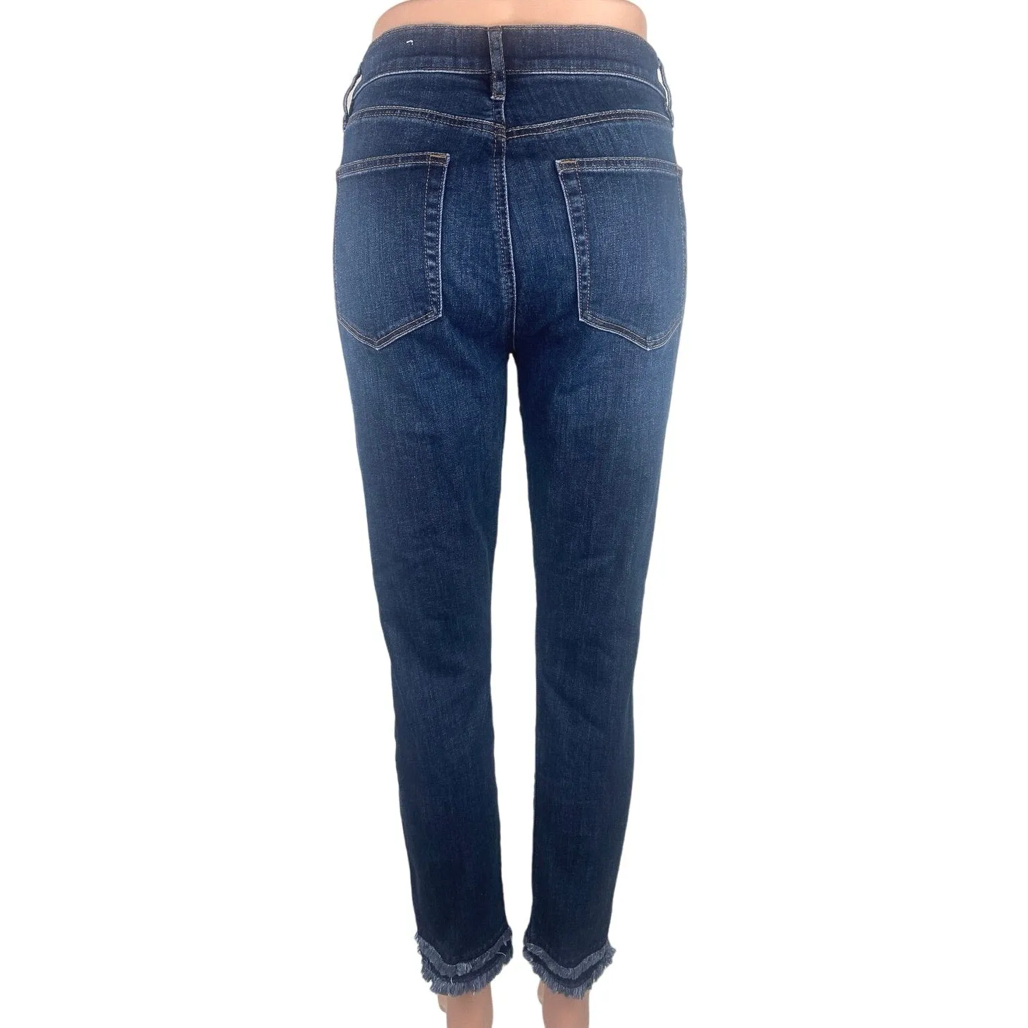 LOFT Blue Fringe Hem High Rise Straight Leg Medium Wash Ankle Denim Jeans Sz 29