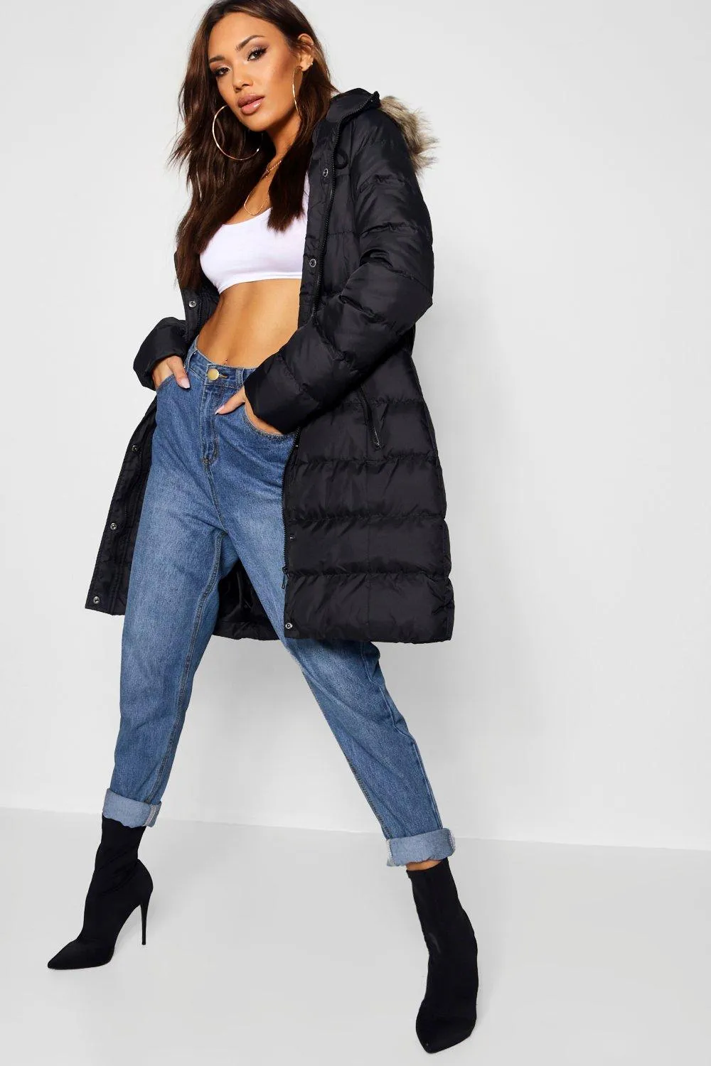 Longline Faux Fur Trim Toggle Puffer