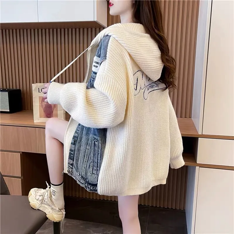 Loose and lazy denim patchwork sweater cardigan for women 2023 new autumn Korean style hooded knitted jacket (S0610)