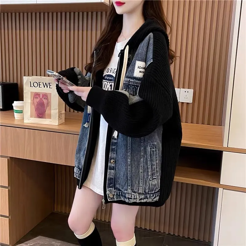 Loose and lazy denim patchwork sweater cardigan for women 2023 new autumn Korean style hooded knitted jacket (S0610)