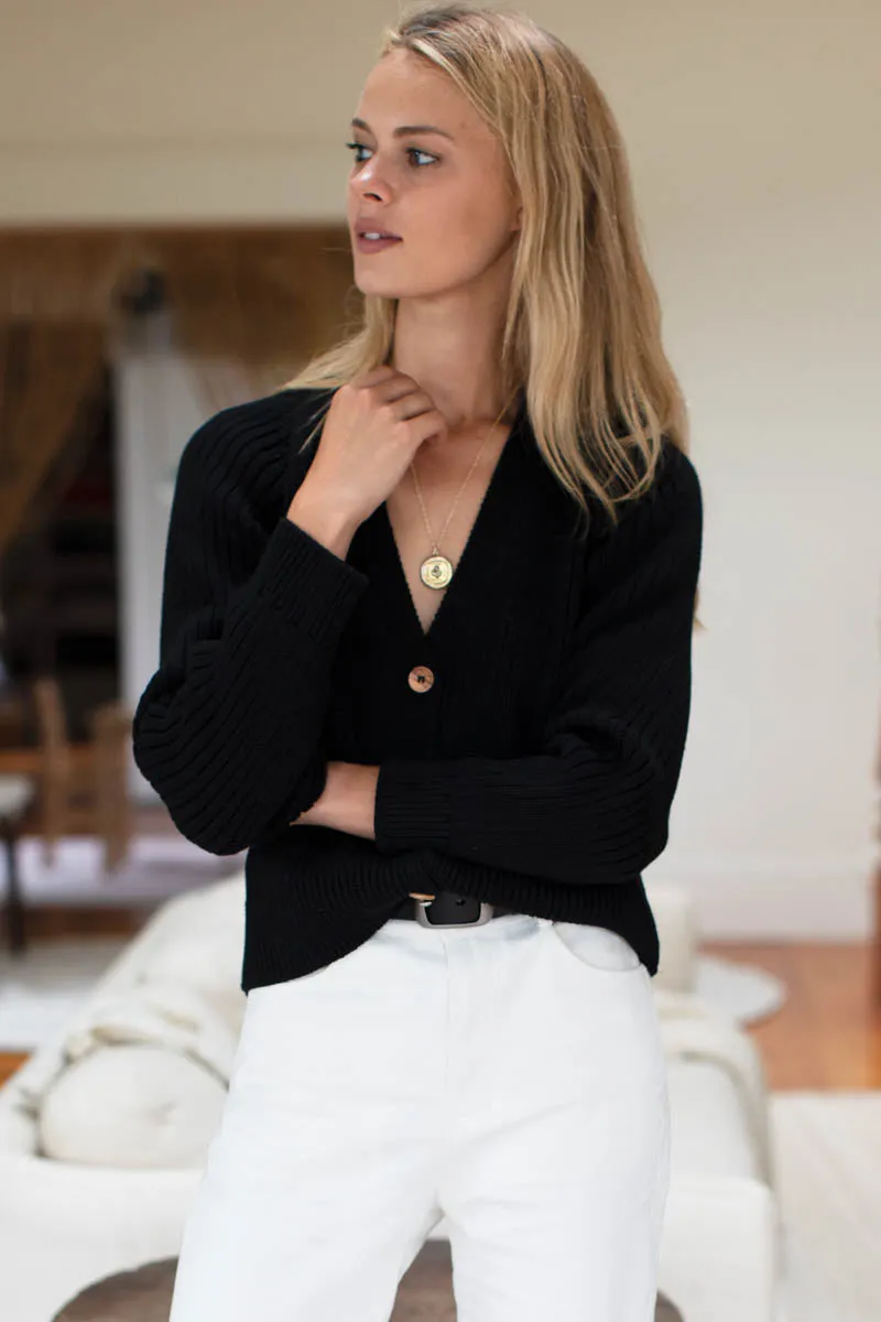 Low V Neck Cardigan - Black Organic