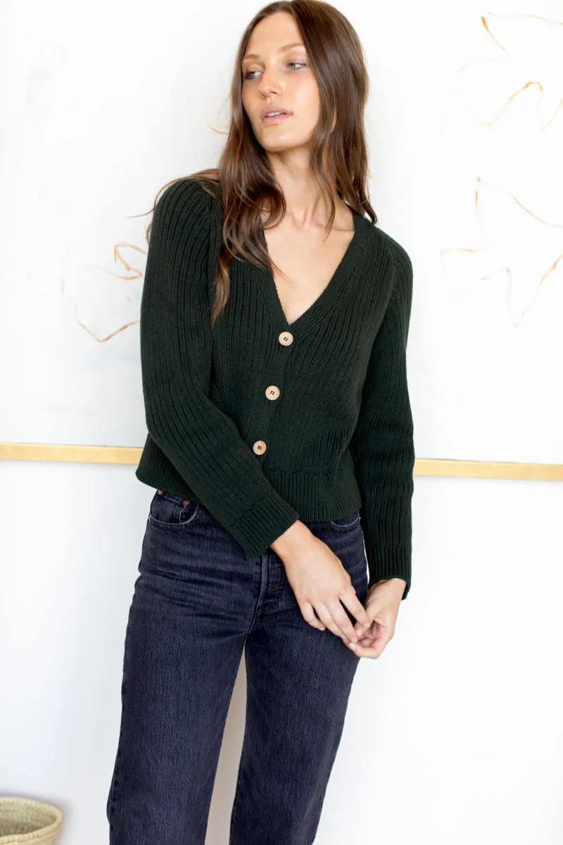 Low V Neck Cardigan - Darkest Spruce Organic