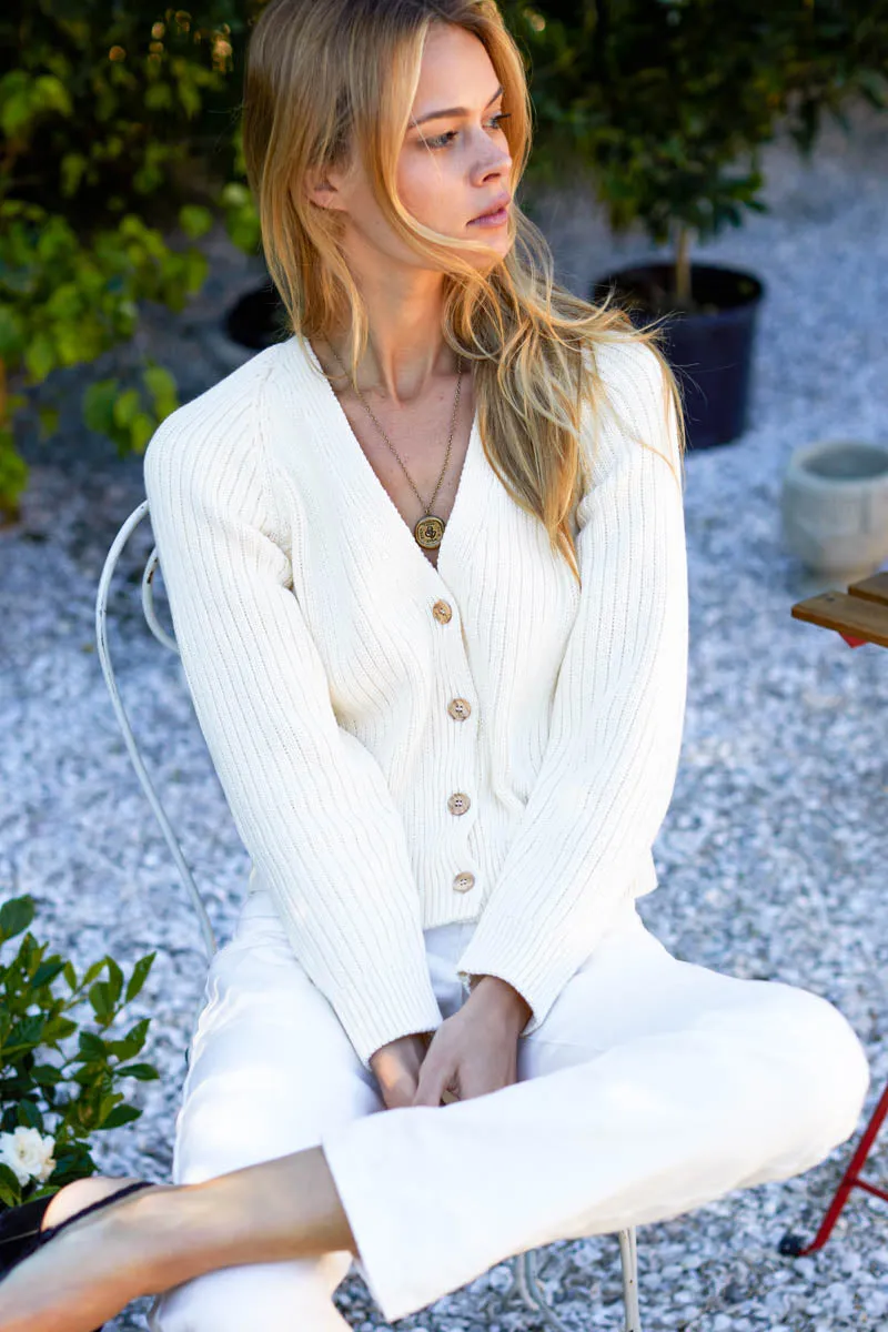 Low V Neck Cardigan - Ivory Organic