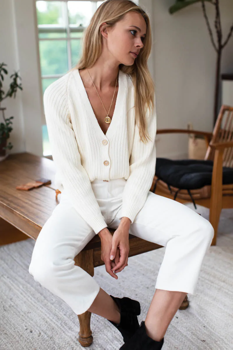 Low V Neck Cardigan - Ivory Organic