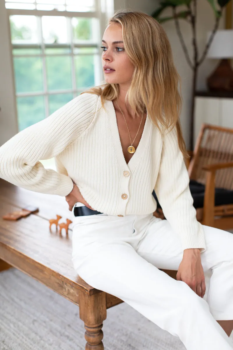 Low V Neck Cardigan - Ivory Organic