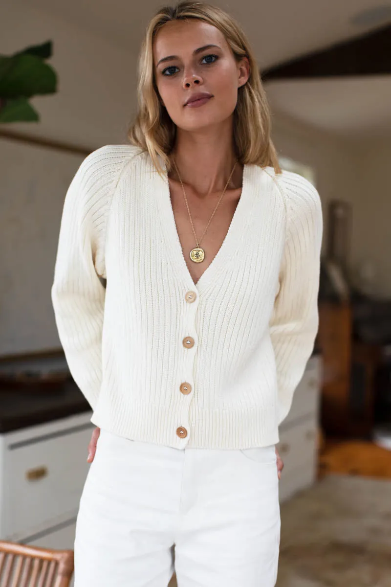 Low V Neck Cardigan - Ivory Organic