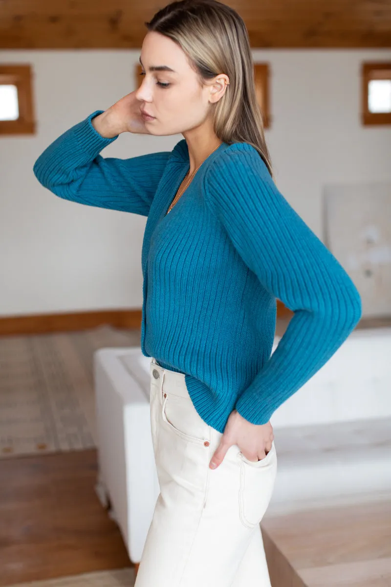 Low V Neck Cardigan - Peacock Blue Organic