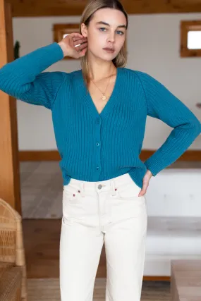 Low V Neck Cardigan - Peacock Blue Organic