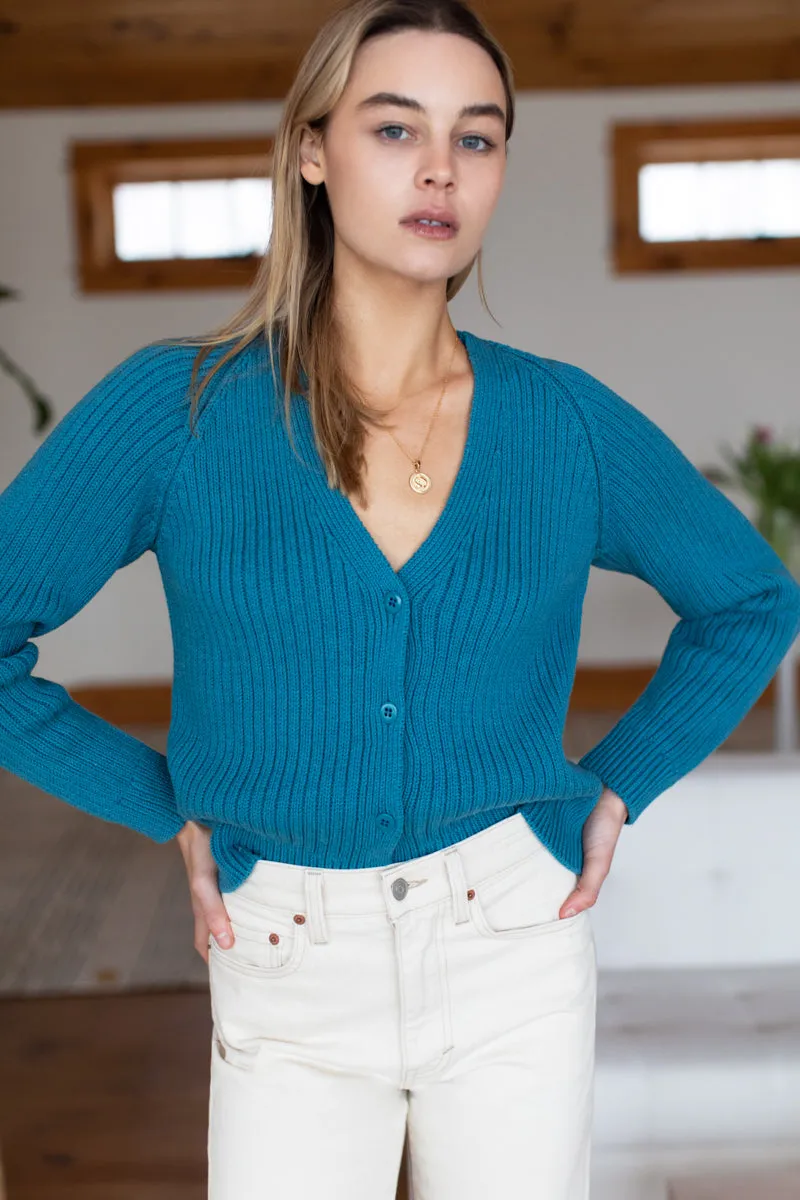 Low V Neck Cardigan - Peacock Blue Organic