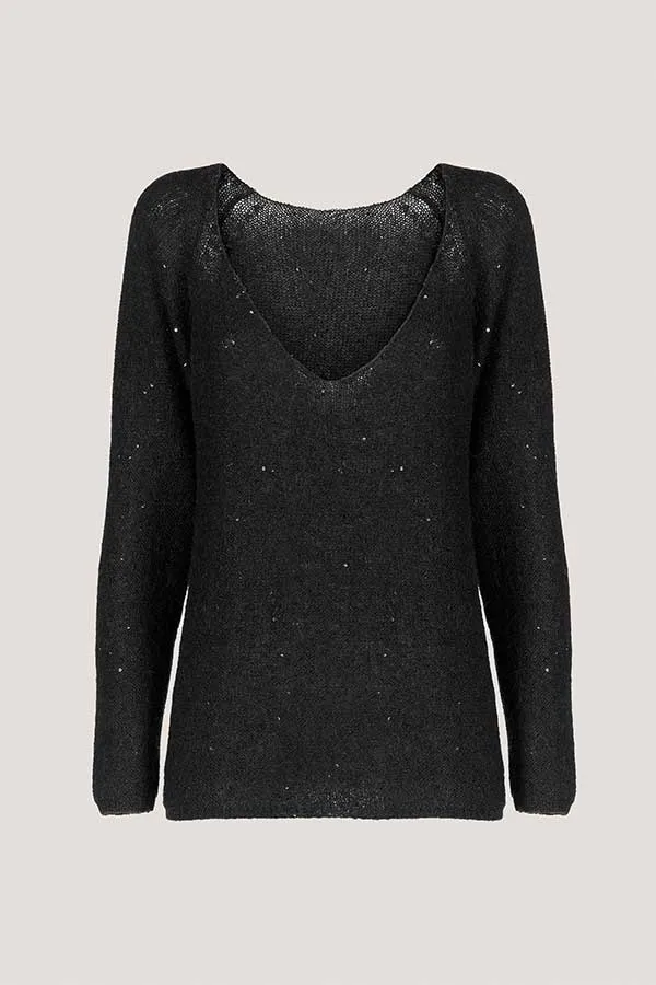 Luisa Spagnoli CONSORTE BLACK SEQUINNED V-NECK SWEATER