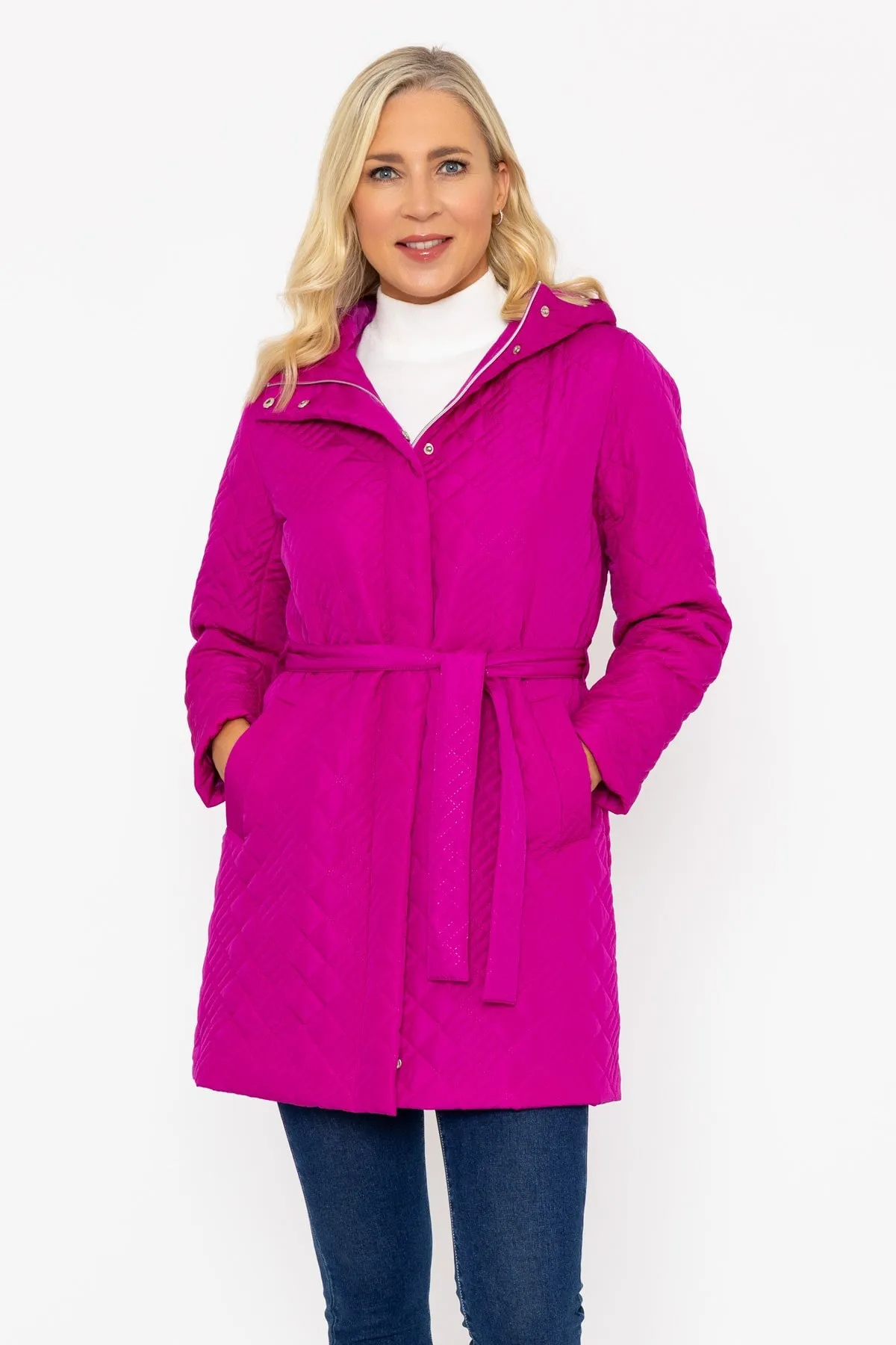 Magenta Pink Ultrasonic Quilt Belted Jacket