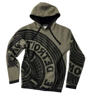 Manhole Cover Pullover Hoodie, Military Green & Black Contrast Fleece - Detroit Tire Print