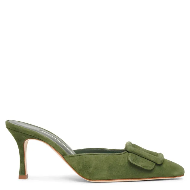 Manolo Blahnik Maysale 70 dark green suede mules