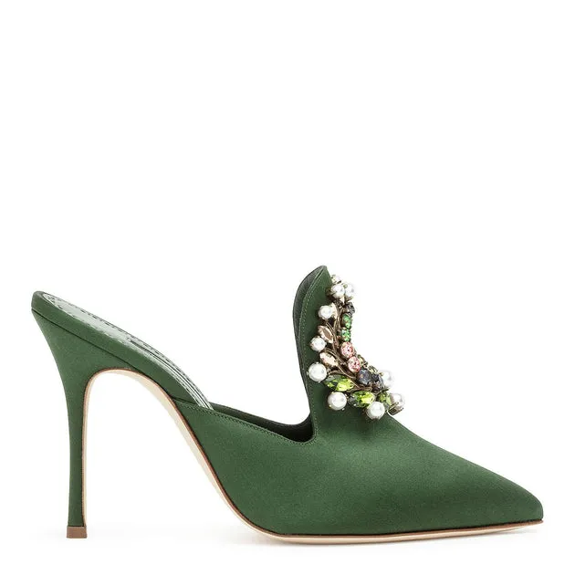 Manolo Blahnik Tilda 105 green satin mules