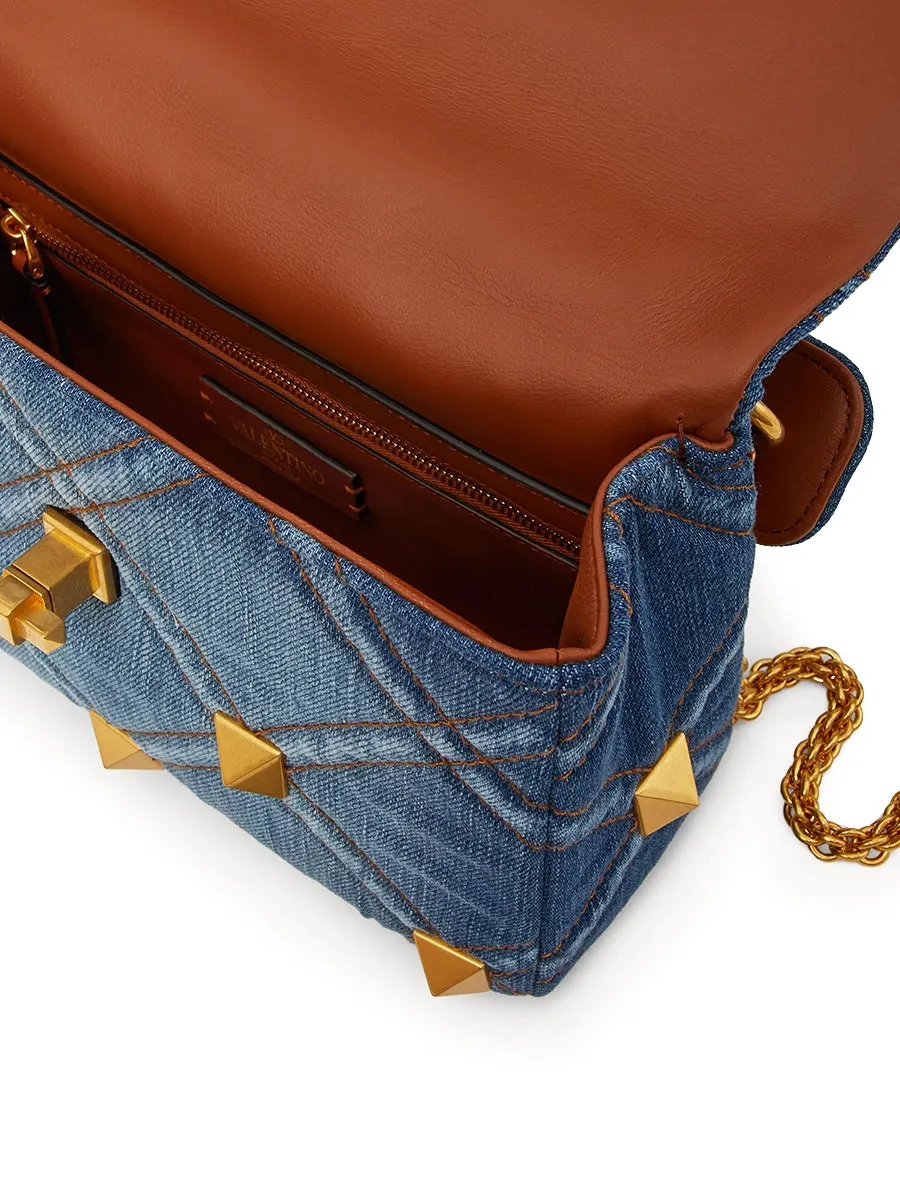 Medium Roman Stud The Shoulder Bag in Denim with Chain