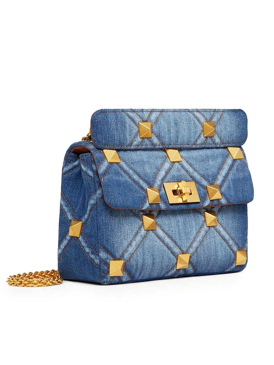 Medium Roman Stud The Shoulder Bag in Denim with Chain