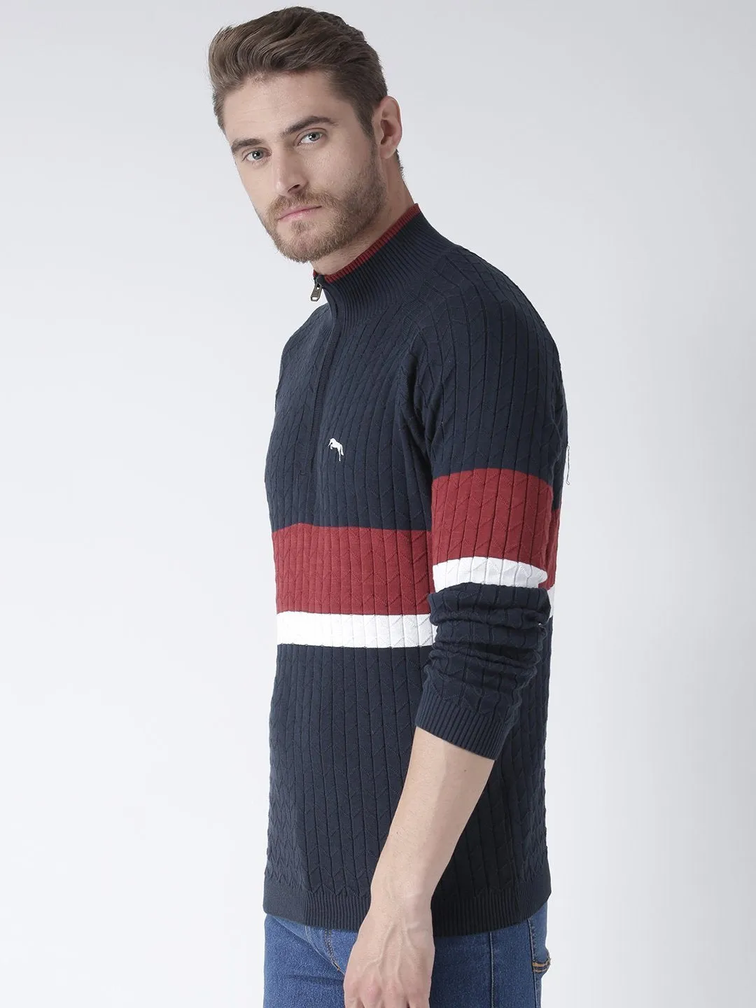 Men Navy Blue Solid Sweater