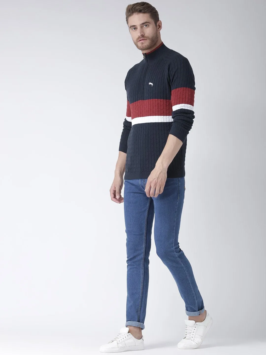 Men Navy Blue Solid Sweater