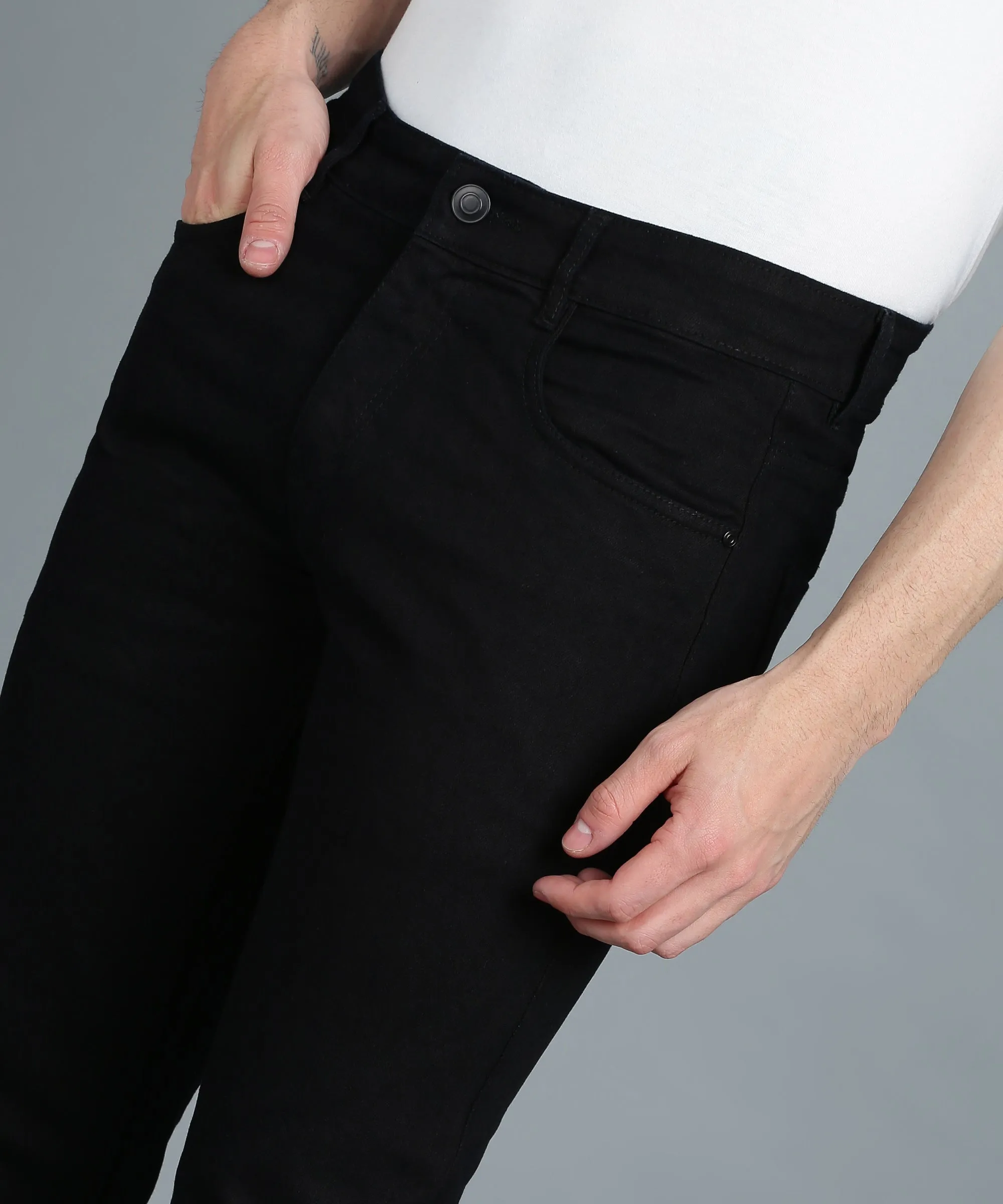 Men's Black Regular Fit Washed Jeans Stretchable