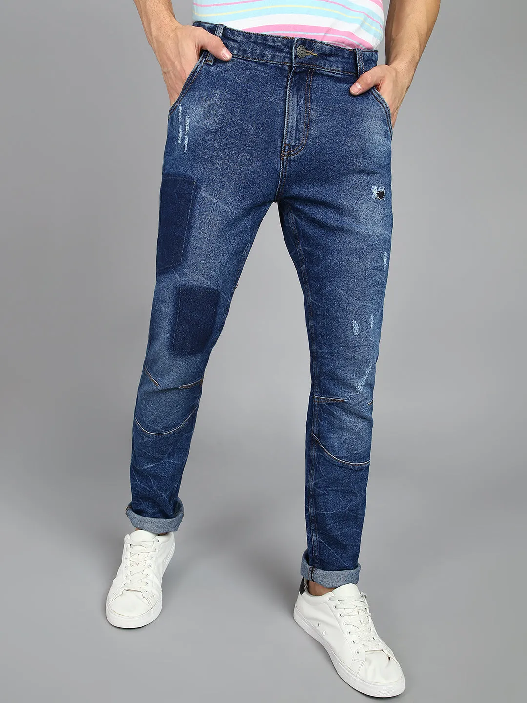 Men's Blue Slim Fit Heavy Washed Mild Distressed Patched Jeans Stretch