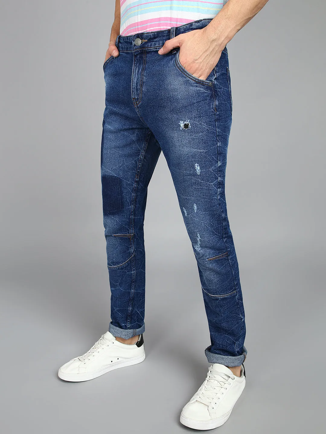 Men's Blue Slim Fit Heavy Washed Mild Distressed Patched Jeans Stretch