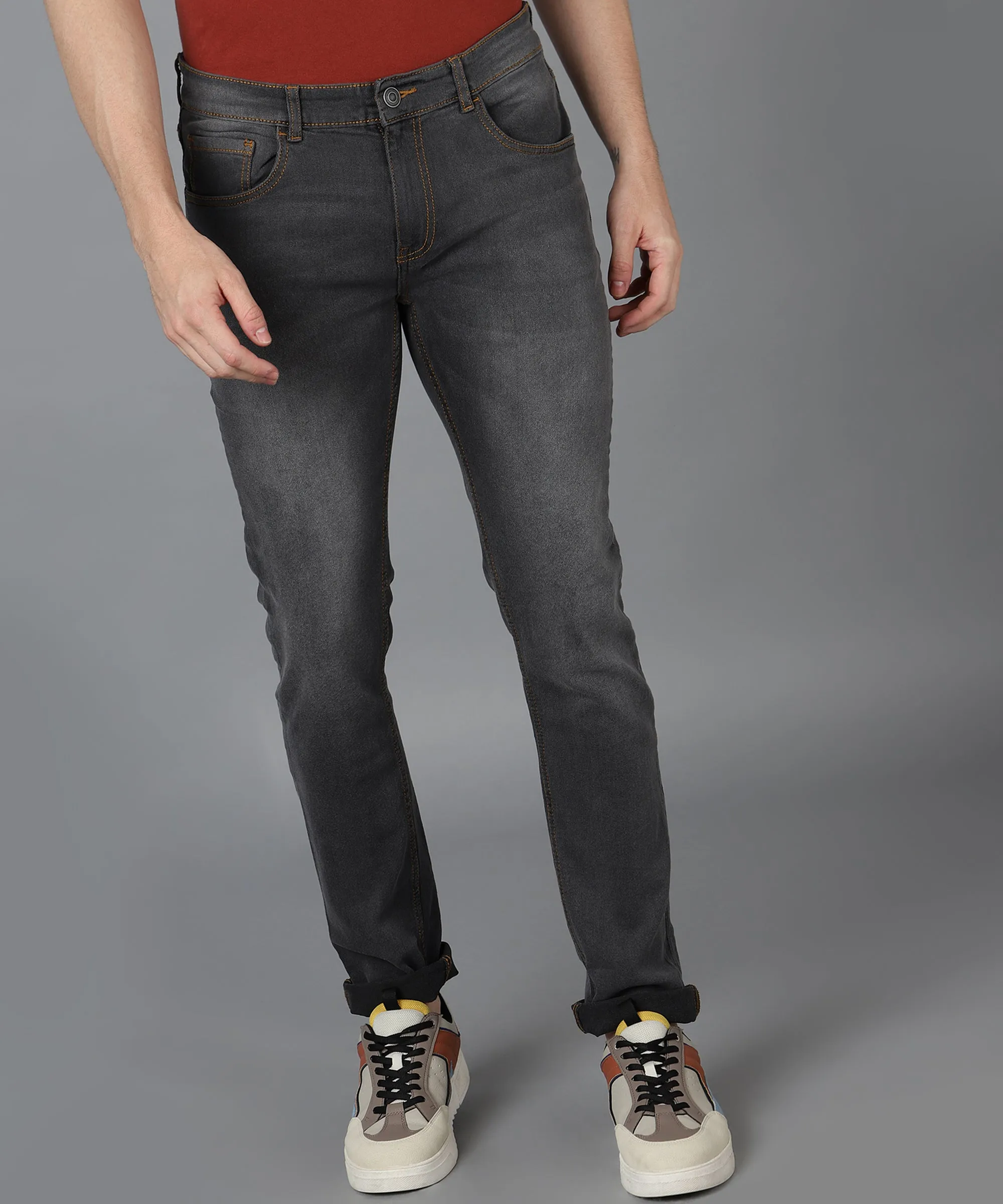 Men's Grey Slim Fit Washed Jeans Stretchable