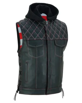 Men's Hooded Motorcycle Leather Vest -The Road Edge