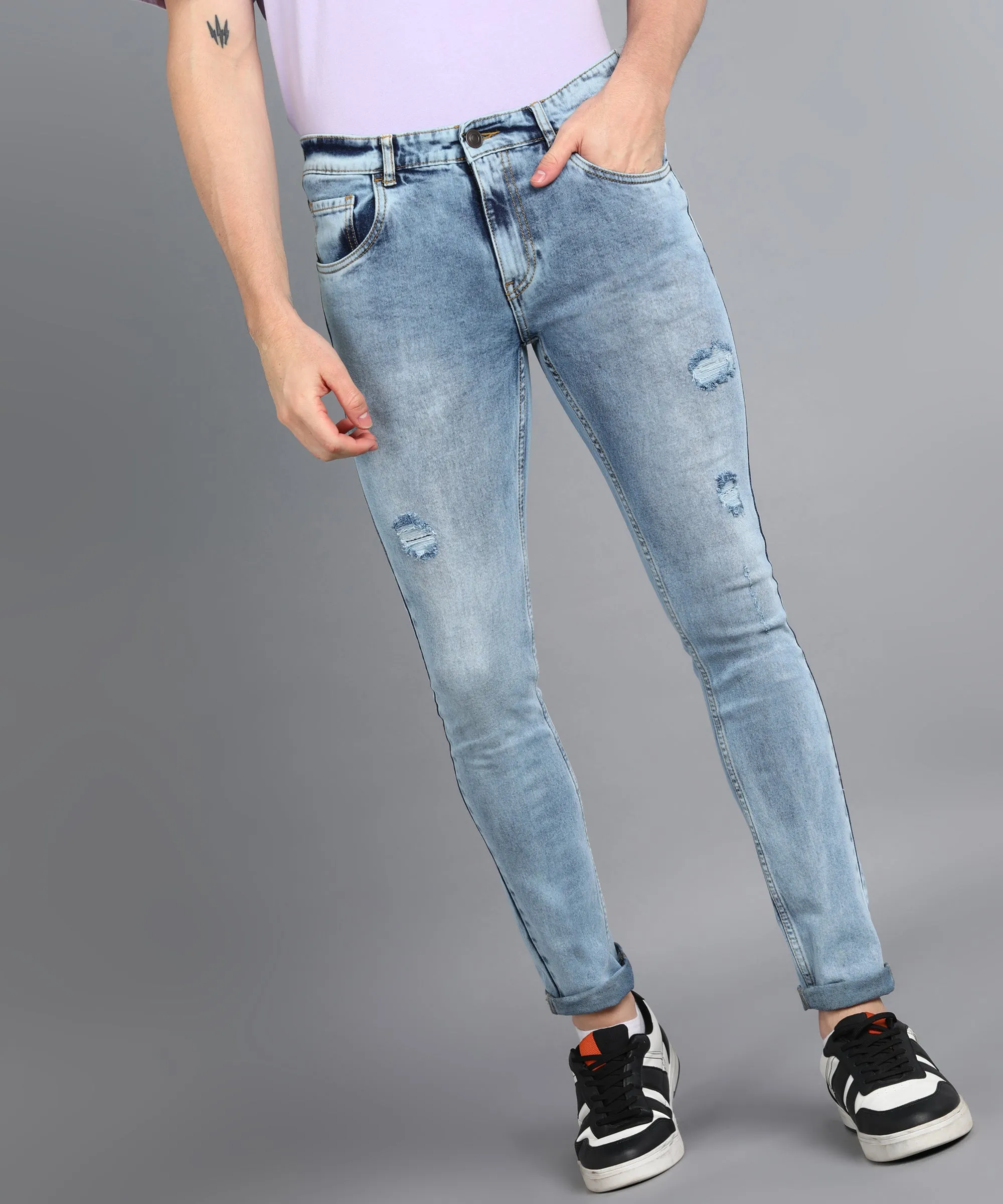 Men's Sky Blue Skinny Fit Washed Mild Distressed/Torn Jeans Stretchable