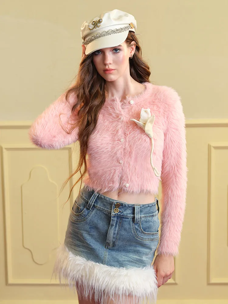 Mohair-Knit Fluffily Crew-Neck Cute Cardigan