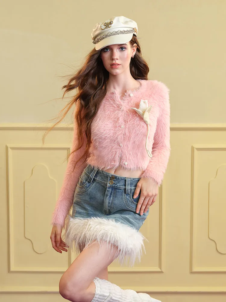 Mohair-Knit Fluffily Crew-Neck Cute Cardigan