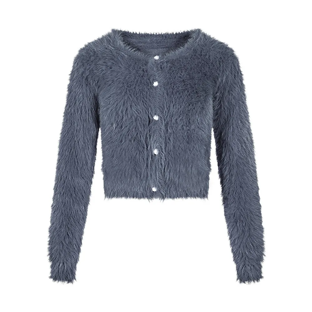 Mohair-Knit Fluffily Crew-Neck Cute Cardigan