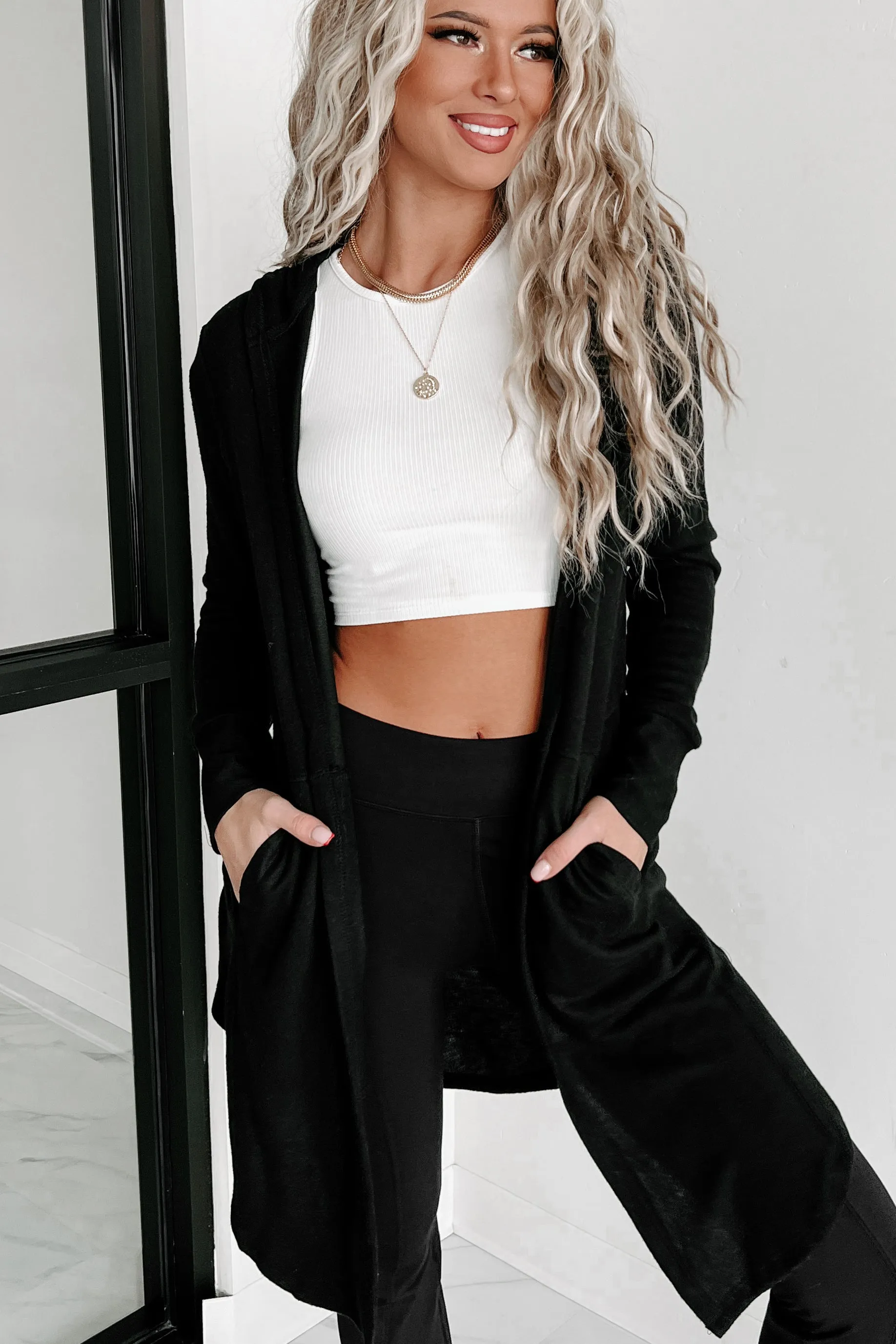 Nadia Open Front Hooded Cardigan (Black)