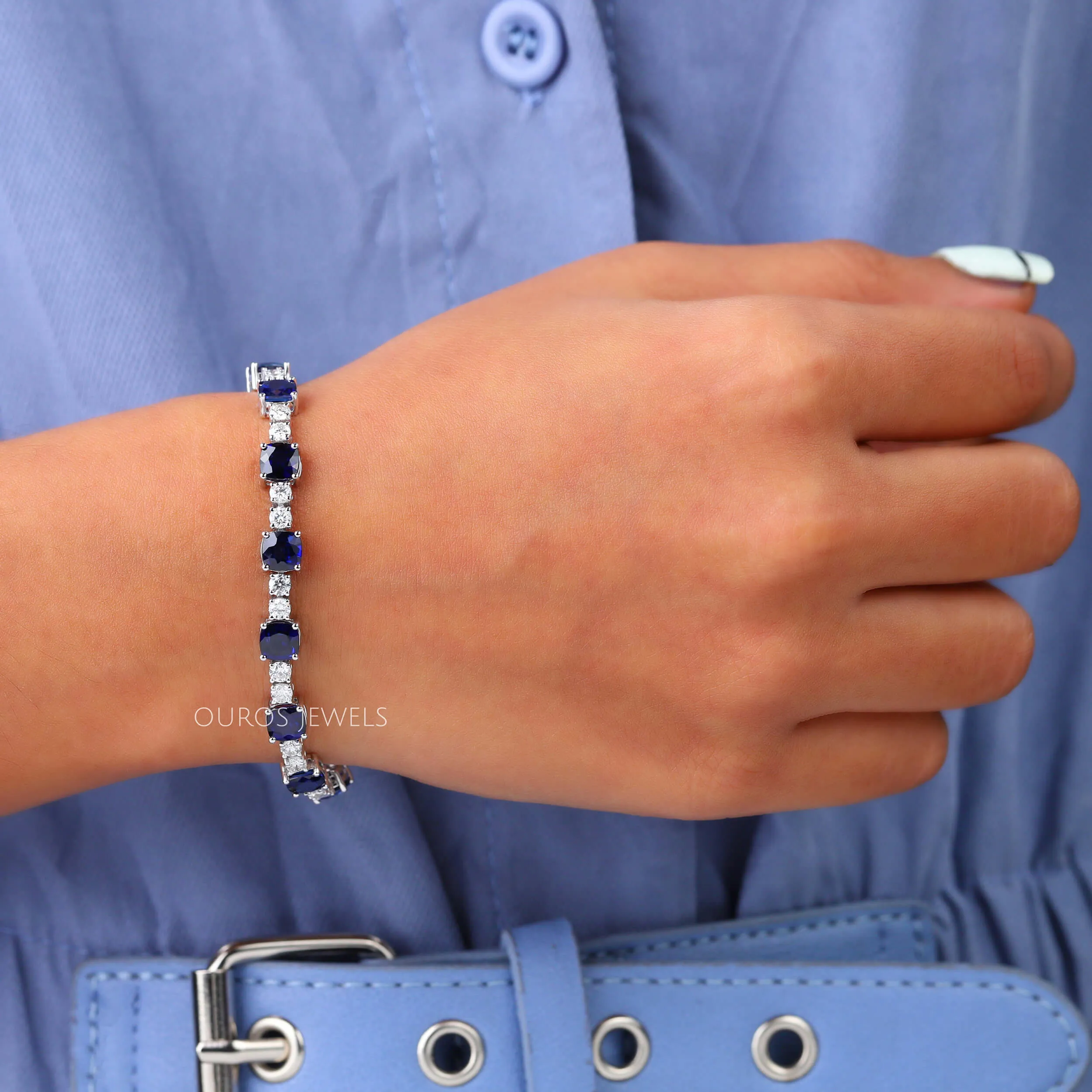 Natural Blue Sapphire Cushion Tennis Bracelet