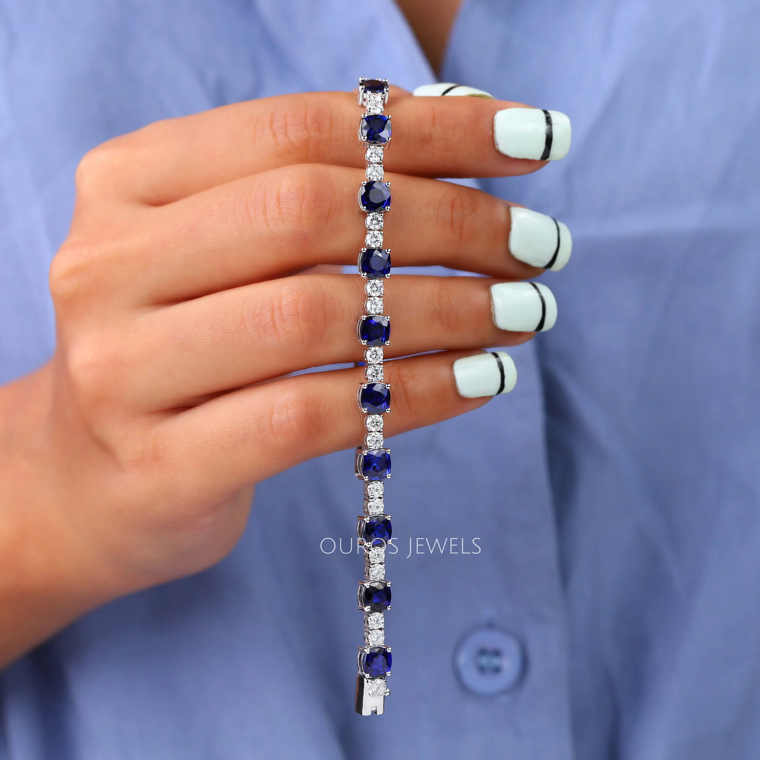 Natural Blue Sapphire Cushion Tennis Bracelet