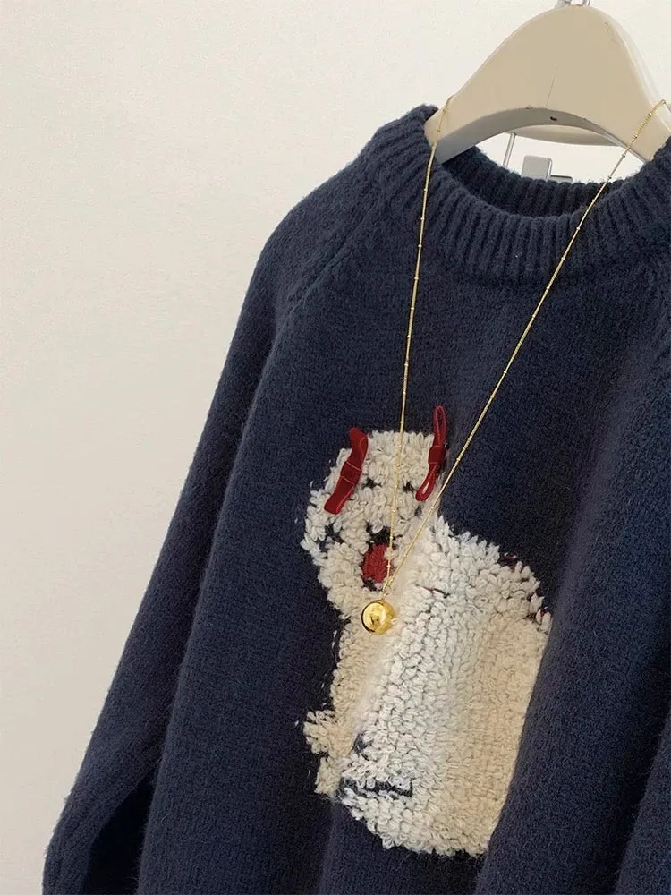 Navy round neck pullover sweater for women in autumn and winter, 2024 new style lazy style knitted sweater top for outer wear an