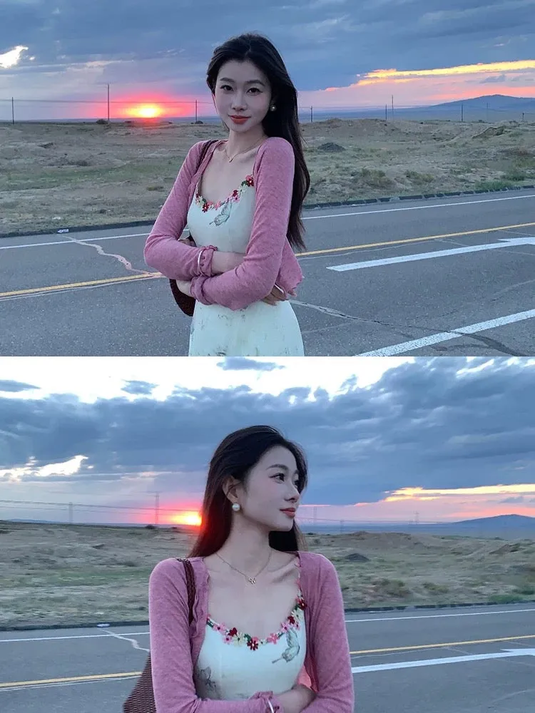 New Chinese style national style EIA Yiyao [born like summer flowers] pure desire French dress for women summer + cardigan two-p