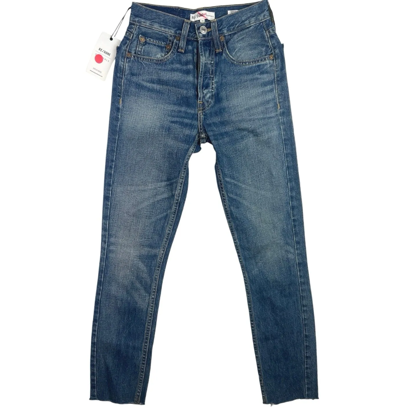 New RE/DONE Blue High Rise Cut Off Hem Faded Casual Straight Leg Denim Jeans 23