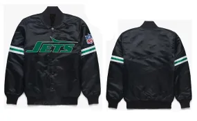 NY Jets Black Satin Bomber Style Letterman Full snap Embroidered Varsity Jacket