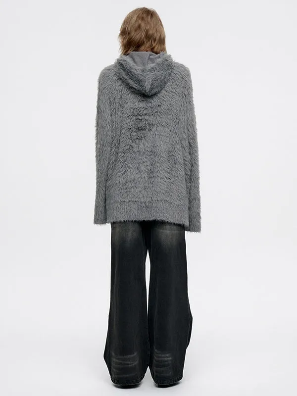 Oversize Long Fluffily Chic Hoodie Earth-Color Mohair-Knit