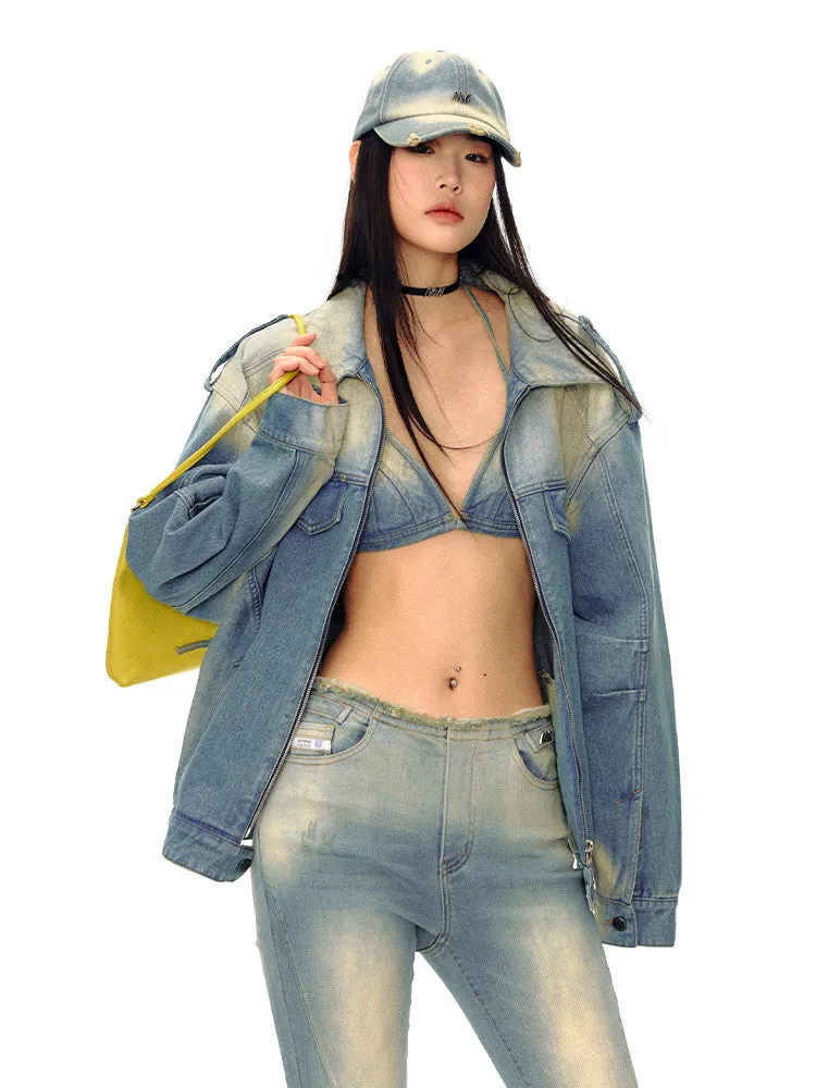 Oversize Washde Casual Drop-Shoulder Denim-Jacket
