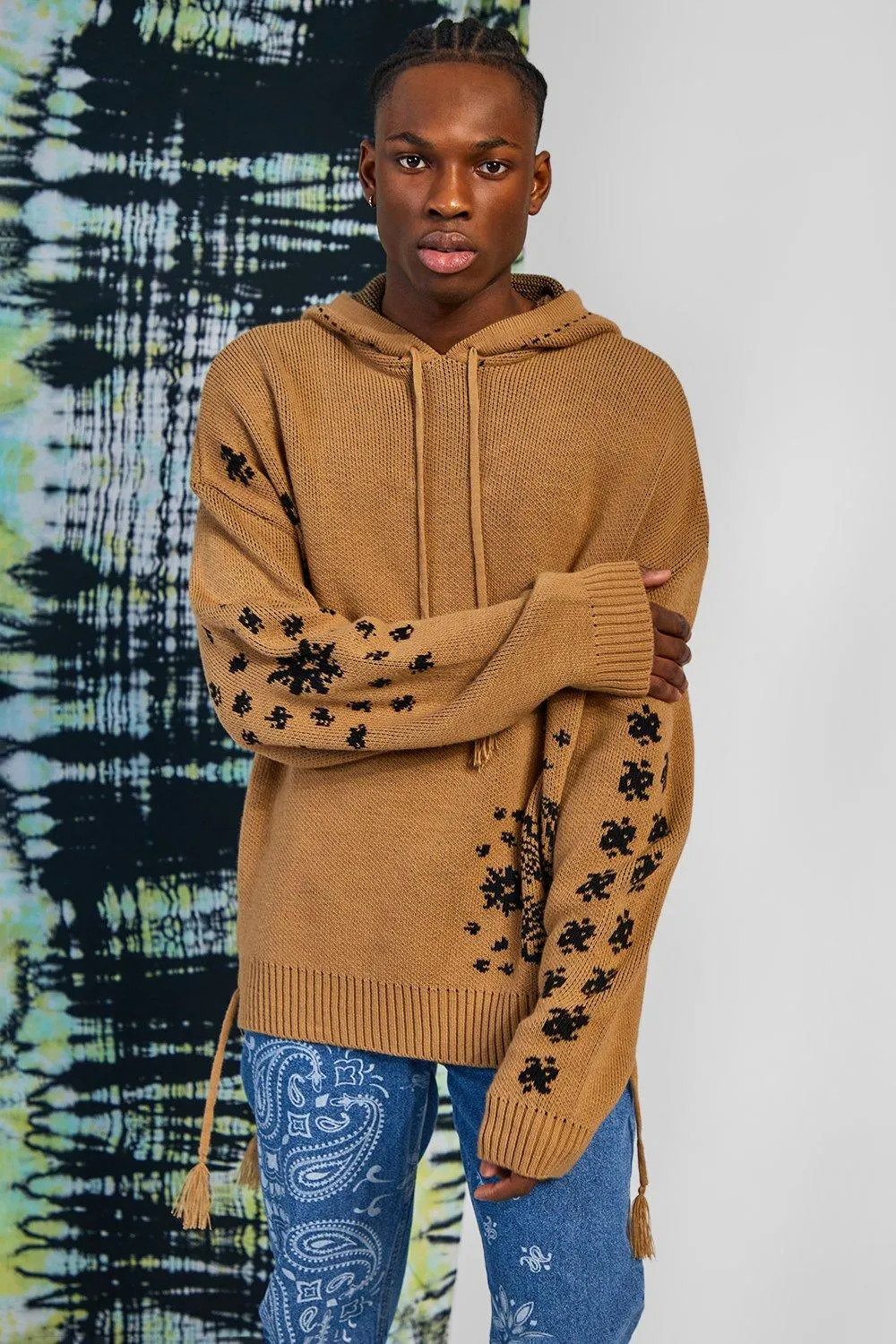 Oversized Bandana Knitted Hoodie With Tassels