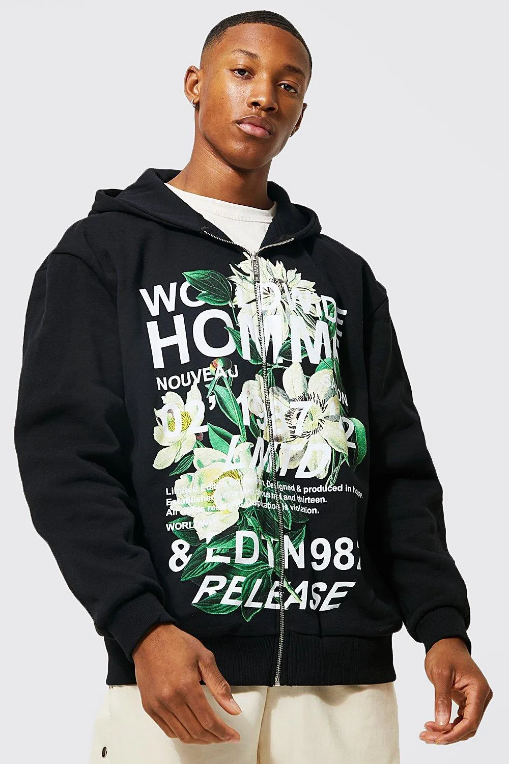 Oversized Floral Graphic Zip Through Hoodie