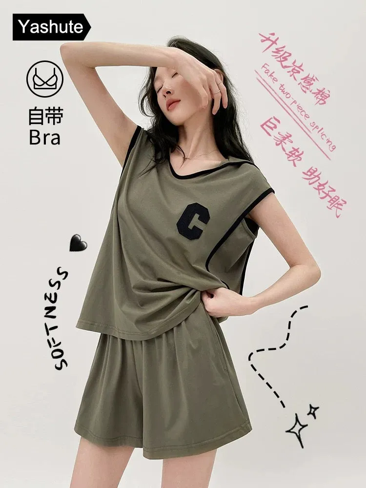Pajama women's summer cool cotton vest shorts two-piece set loose with chest pad anti-bump thin sleeveless suit