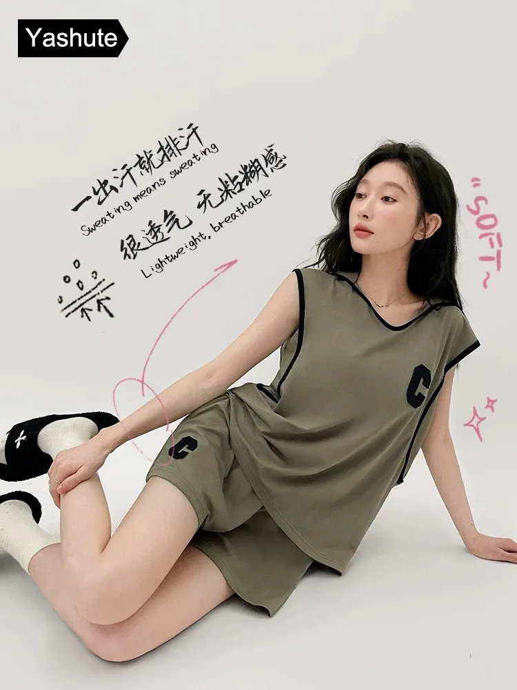 Pajama women's summer cool cotton vest shorts two-piece set loose with chest pad anti-bump thin sleeveless suit