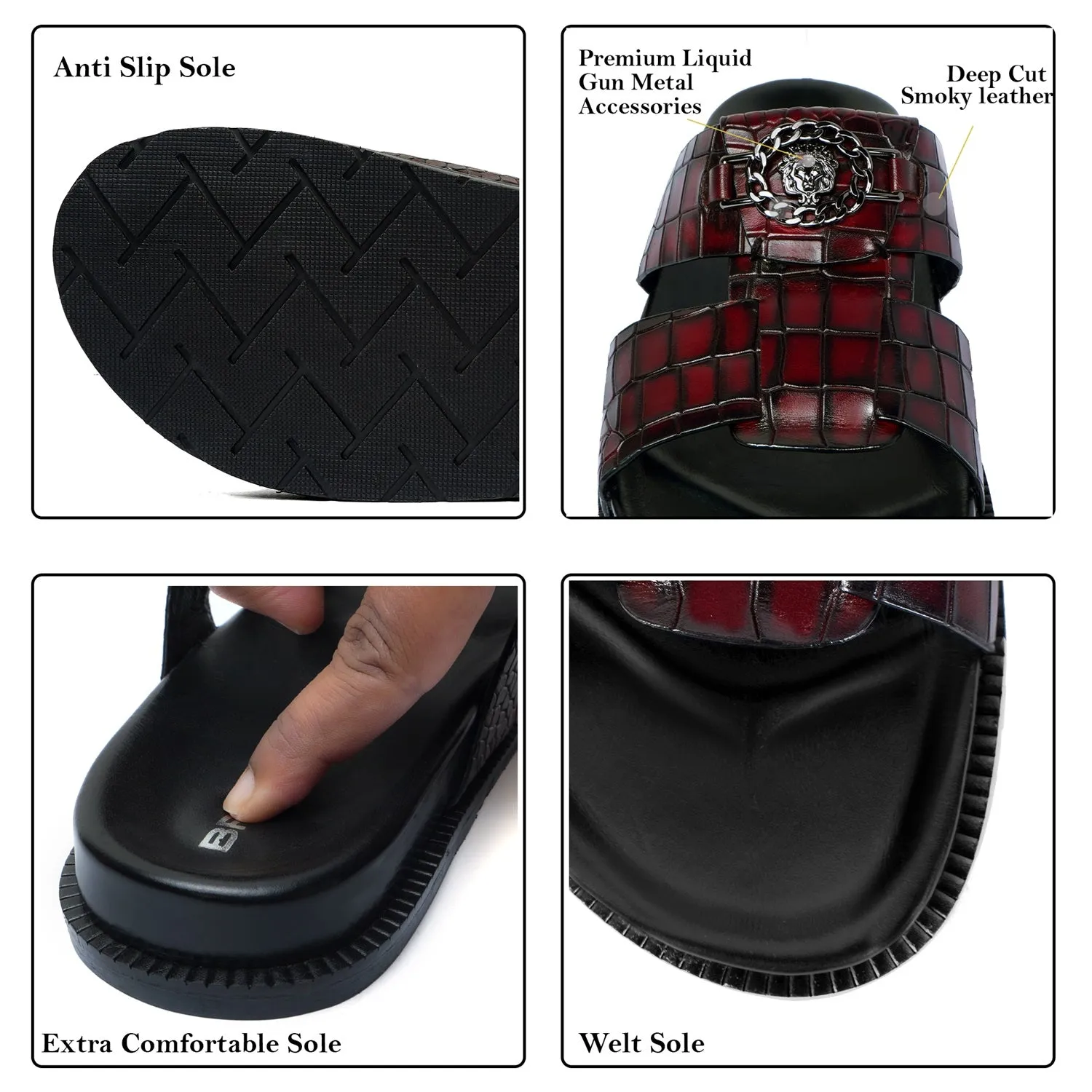 Pass Through Broader Toe Strap Leather Slippers in Wine Leather